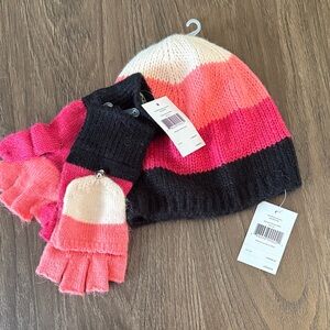 Kate Spade colorblock pink/black hat/mitten set NWT